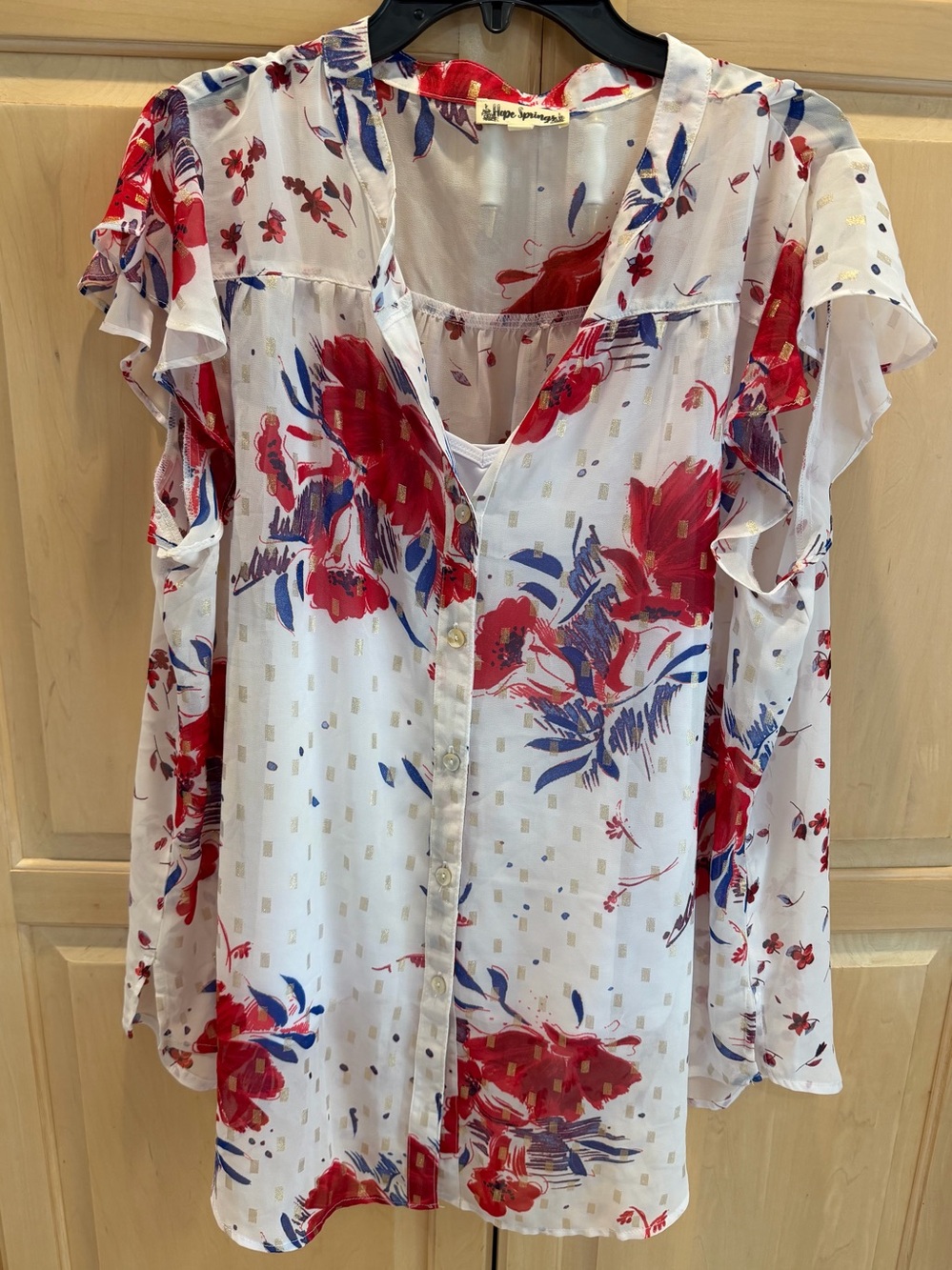 Lovely Hope Springs White, Red, & Blue Floral Blouse XXL